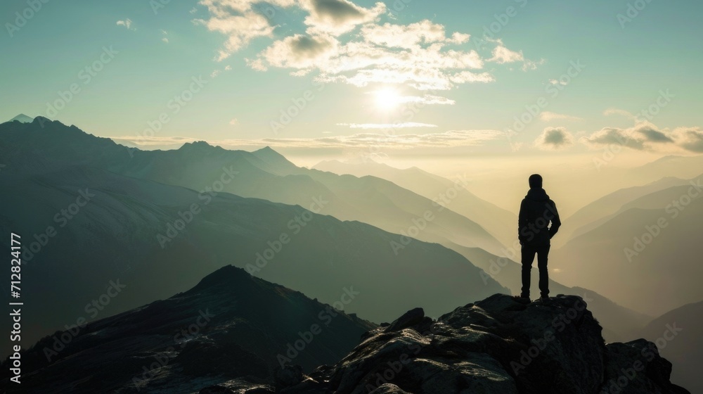 A silhouette of a person standing on a mountain top, gazing at the vast landscape before them.