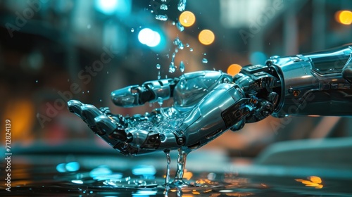 close-up of a robot hand touching a stream of water falling into a river or stream. 