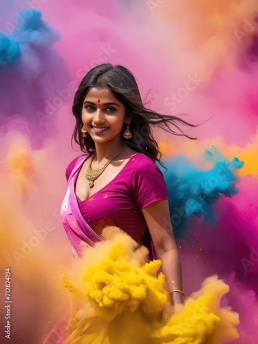 Beautiful Indian girl celebrating traditional Holi, festival of colors, multicolored dust powder paint explosion backdrop