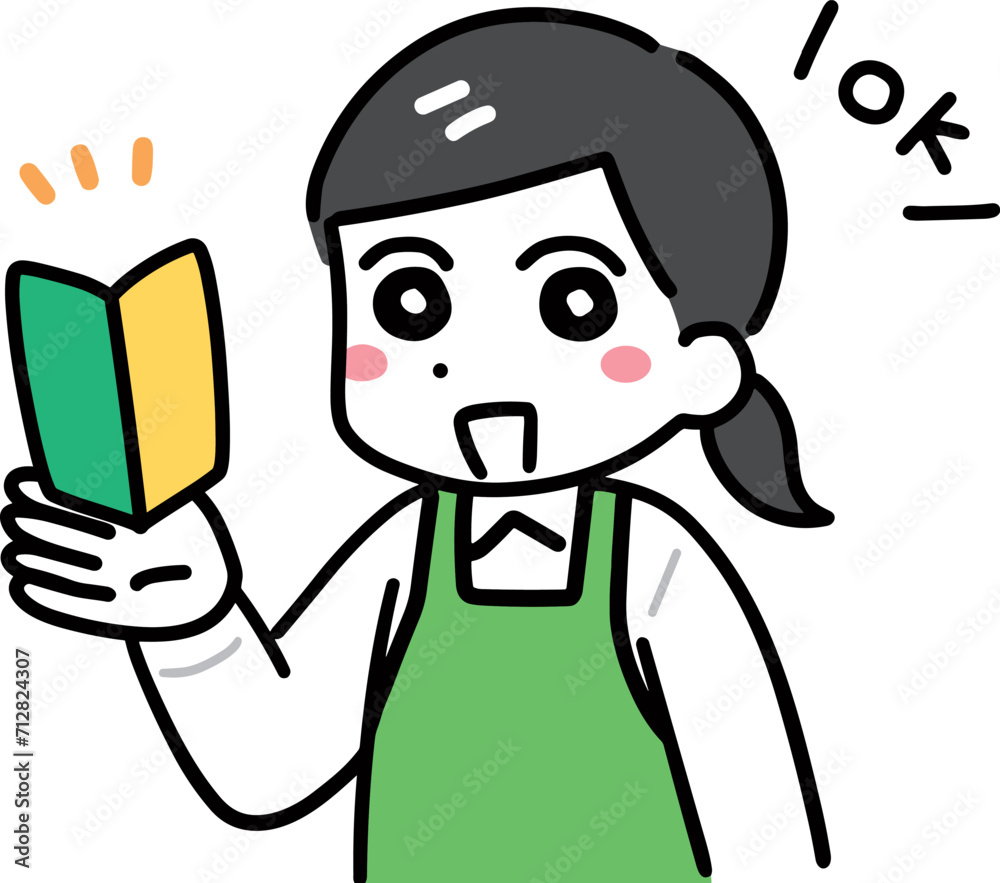 初心者マークを持つ緑エプロンの女性店員 初心者マークを持つ緑エプロンの女性店員