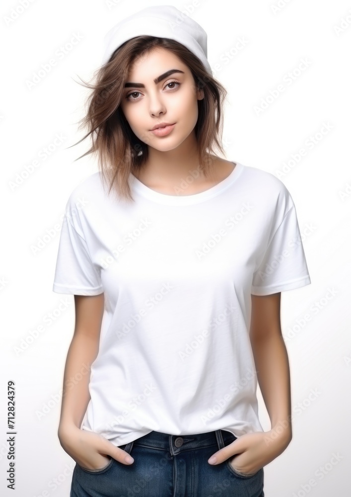 Smiling woman on a white background wearing a white T-shirt Smiling woman on a white background wearing a white T-shirt