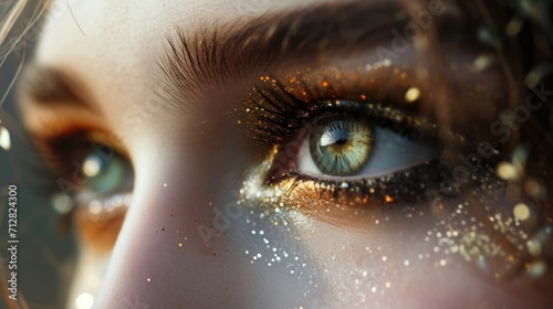 A mesmerizing closeup of a womans eyes, accentuated by fluttering lashes and delicate antique sparkles sprinkled around them.