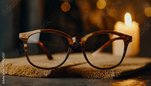 Glasses on mat, plastic, celluloid frames, close-up photo