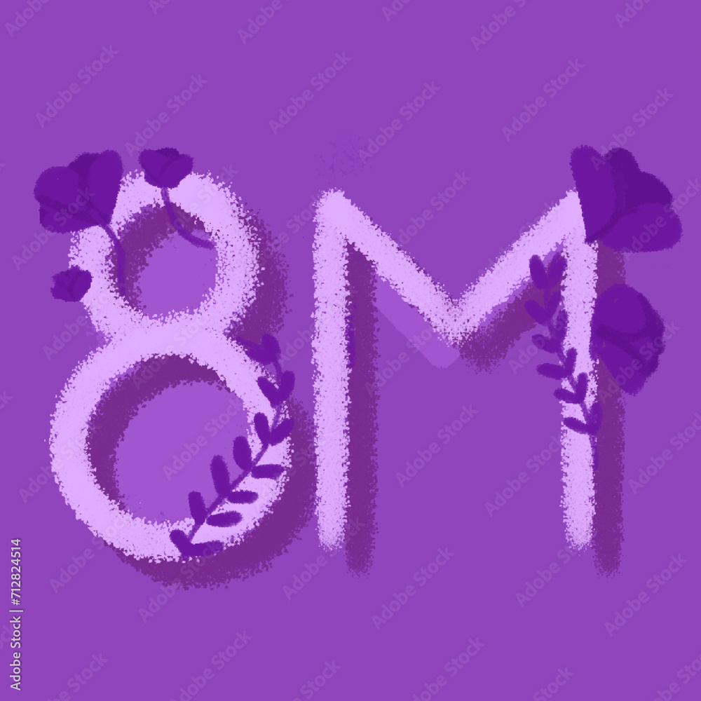 Ilustración día de la mujer, feminismo por el 8 de marzo, flores moradas con fondo morado