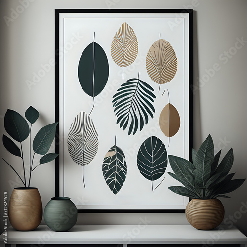 Boho poster with abstract leaves. Minimalist contemporary art. contemporary decoration on the walls - genertaed by ai photo