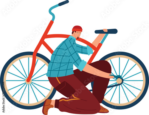Young man in casual clothing fixing red bicycle. Cyclist repairing bike on the go vector illustration.
