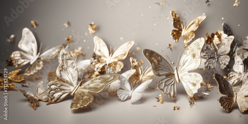 Golden and White Butterflies flying on a white background. Beautiful background for greeting card for Birthday, Valentine's day, Wedding, Mother's day, Women's day, copy space