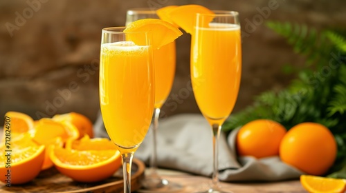 mimosa cocktail in flute glasses with orange slices on table