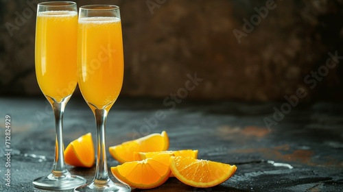 mimosa cocktail in flute glasses with orange slices on table