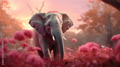 Elephant pink light animal walk through the forest AI Generated image