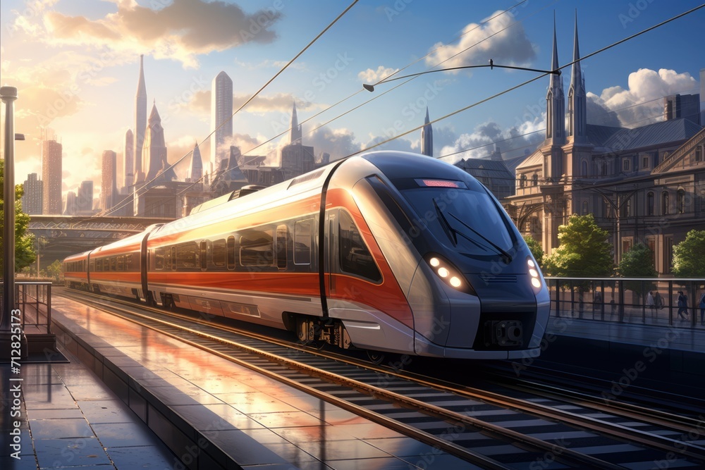 Naklejka premium the train travels against the backdrop of a city landscape