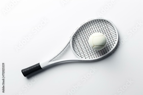 White background, 3D rendering of tennis racquet and ball. Generative AI