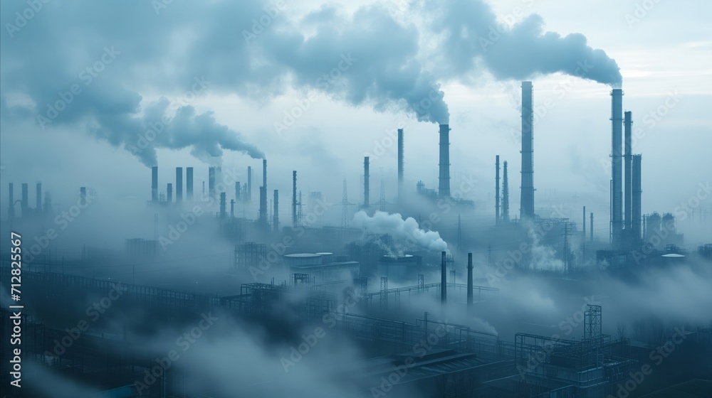Obraz premium Industrial Impact Coal power plant with high pipes emitting black smoke, illustrating the environmental pollution and atmospheric impact of industrial activities.