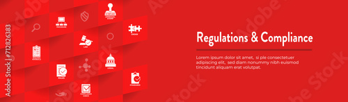 Regulations and Compliance Web Header Banner with Icon Set  - Governmental and Approval Stamp