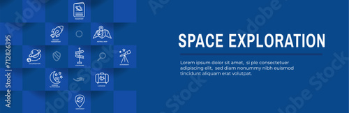 Space Travel or Tourism Web Header Banner with spaceship, telescope, and planets