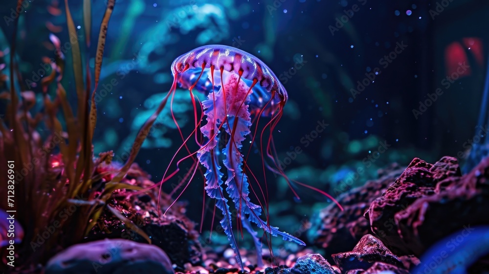 A glowing jellyfish tank with fluorescent tentacles that seem to dance in the darkness - obrazy, fototapety, plakaty 