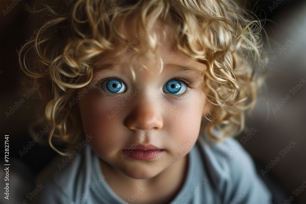 portrait of a four-year-old child with blond curly hair and bright blue eyes in a blue T-shirt, looking trustingly and confusedly at the camera, copy space portrait of a four-year-old child with blond curly hair and bright blue eyes in a blue T-shirt, looking trustingly and confusedly at the camera, copy space