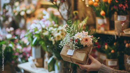 female hands holding a wrapped gift with a personal name tag on the background of a flower shop. © Margo_Alexa