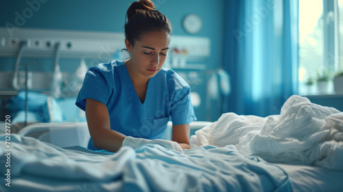 A nurse is cleaning the patient's bed linen.