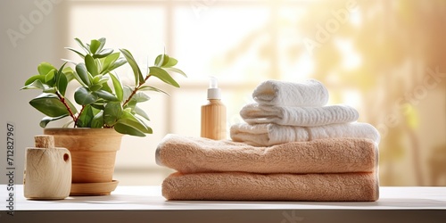Platform for showcasing items with towel against blurred bathroom backdrop.