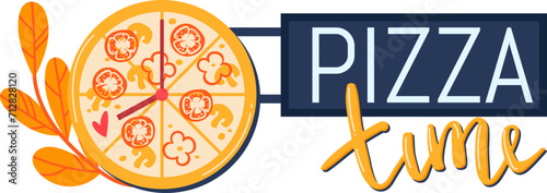 Stylized pizza clock design with toppings. Cartoon pizza resembling a clock, PIZZA time text vector illustration. Food concept art, pizza lovers delight.