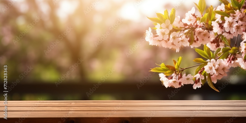 Blossoming tree branches frame a wooden table in a blurry summer park.