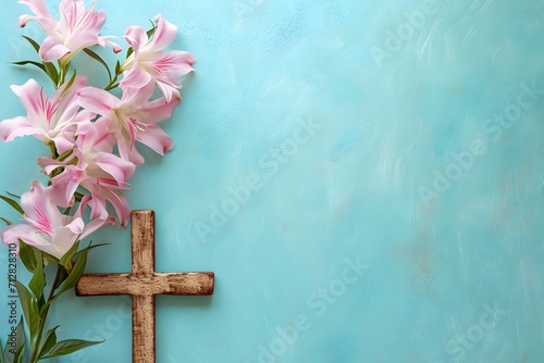 The solemnity of Good Friday represented through a rustic cross with spring flowers