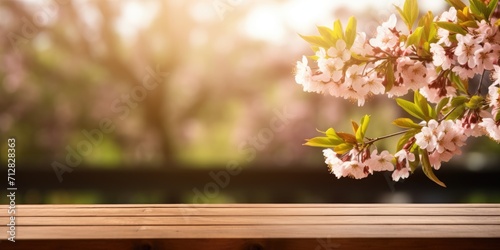 Blossoming tree branches frame a wooden table in a blurry summer park. © Sona