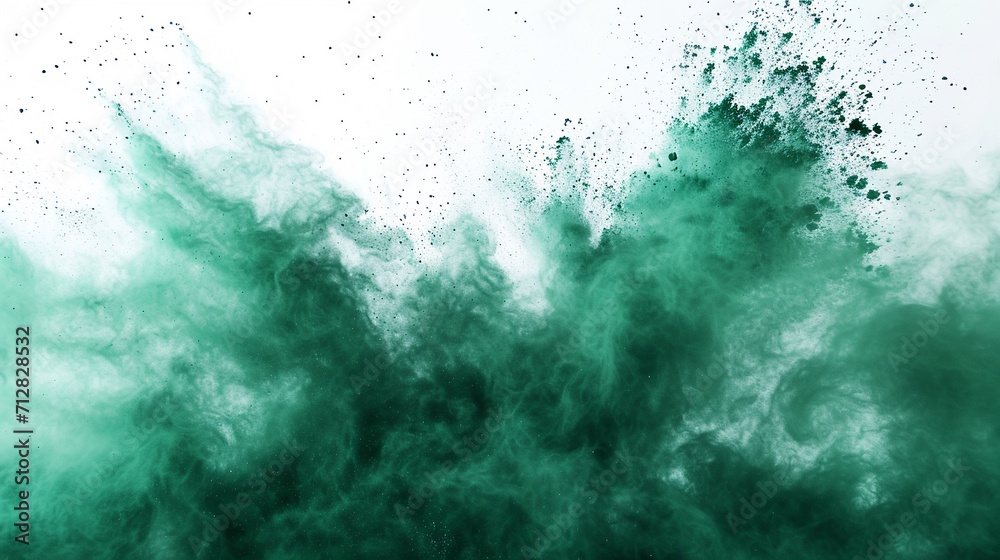 Obraz premium abstract powder splatted background,Freeze motion of green powder exploding/throwing green, Abstract emerald dust explosion on white background.