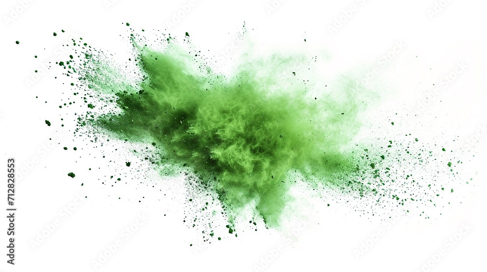 abstract powder splatted background,Freeze motion of green powder exploding/throwing green, Abstract emerald dust explosion on white background. - obrazy, fototapety, plakaty 