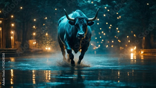 : Bull running on the road at night in the rain with fog and lights