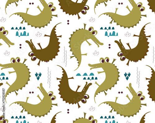 Seamless pattern with kawaii cute crocodiles, funny kids print. Vector flat cartoon doodle hand drawn illustration for kids fabric, wrapping, children textile.  © Olga