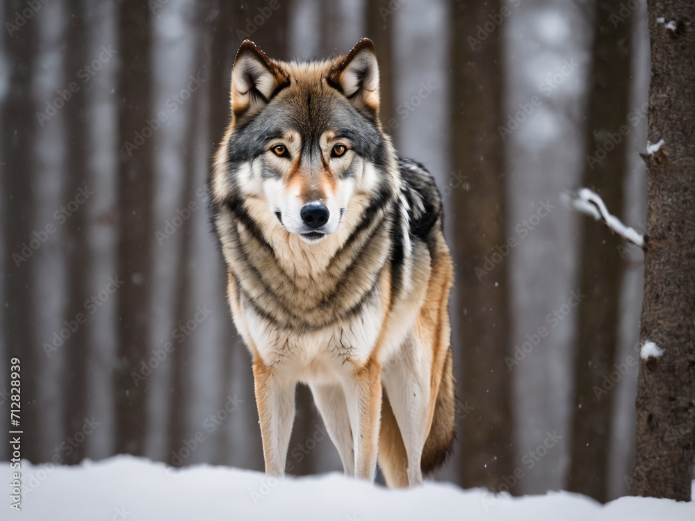 Portrait of a Canadian wolf in snowy weather - generated by ai Portrait of a Canadian wolf in snowy weather - generated by ai