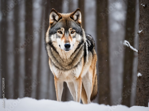 Portrait of a Canadian wolf in snowy weather - generated by ai