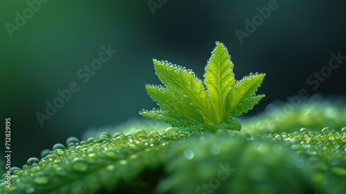 A close-up of a green leaf glistening with dewdrops