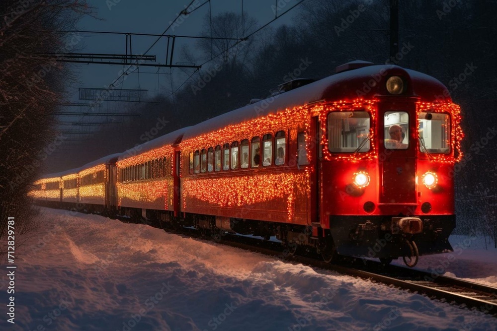A festive train covered in red decorations and snow travels along the rails. Generative AI