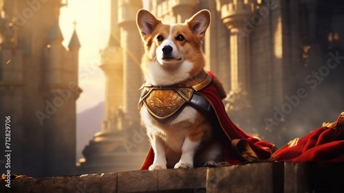 Generative AI Corgi the king in medieval castle pictures