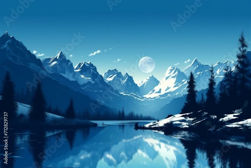 digitally created artwork capturing a serene blue alpine landscape. Generative AI