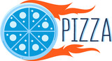 Blue pizza icon with orange flames. Fast food logo design. Pizza delivery emblem vector illustration.