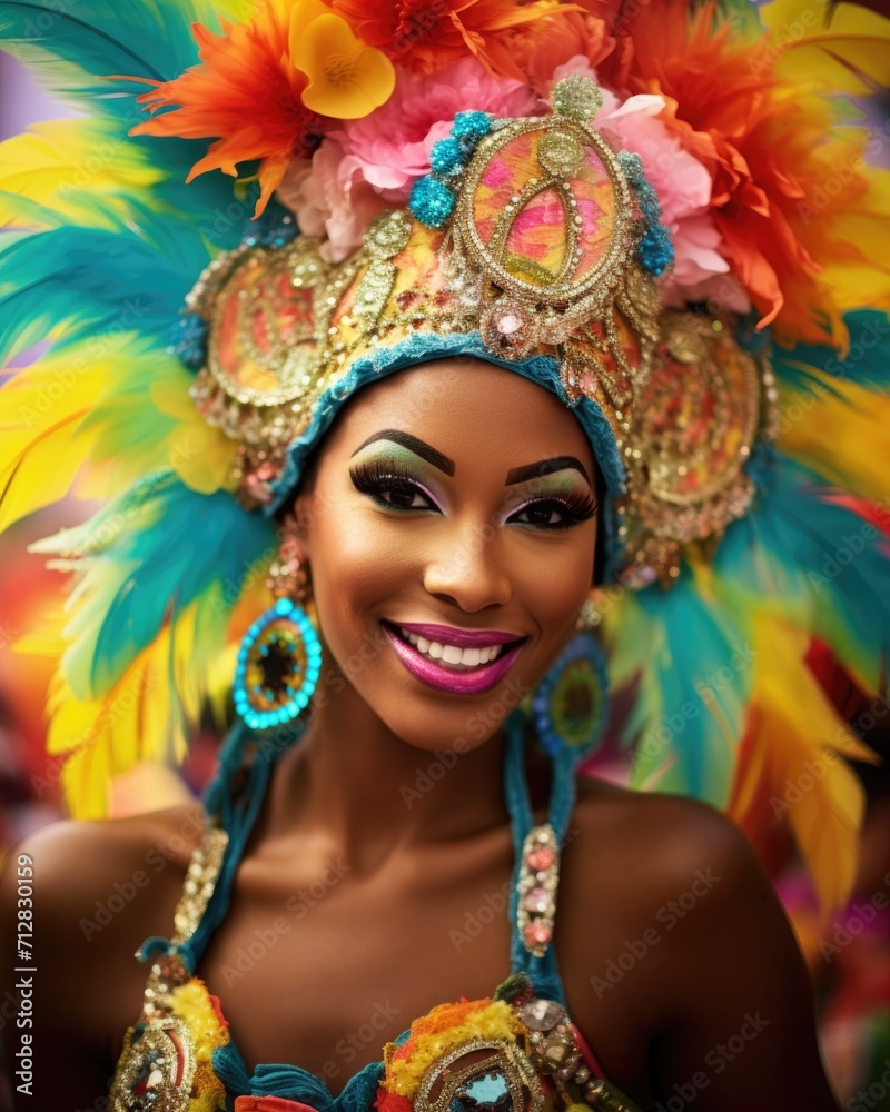Joyful carnival dancer in a feathered costume. Joyful carnival dancer in a feathered costume.