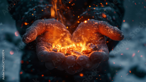 A man is holding fire in his hands. Trying to keep warm in the cold. Snowing.