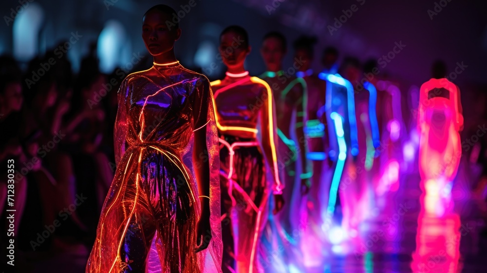 As the models walk down the neonlit runway their reflective neon outfits create an illusion of movement and fluidity