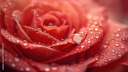 A delicate red rose with dewdrops clinging to its velvety petals.