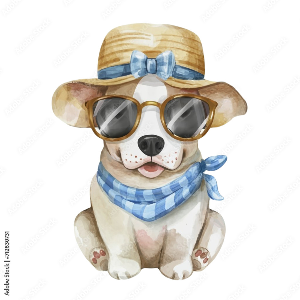 Cute dog wearing hat and sunglasses, white background Cute dog wearing hat and sunglasses, white background