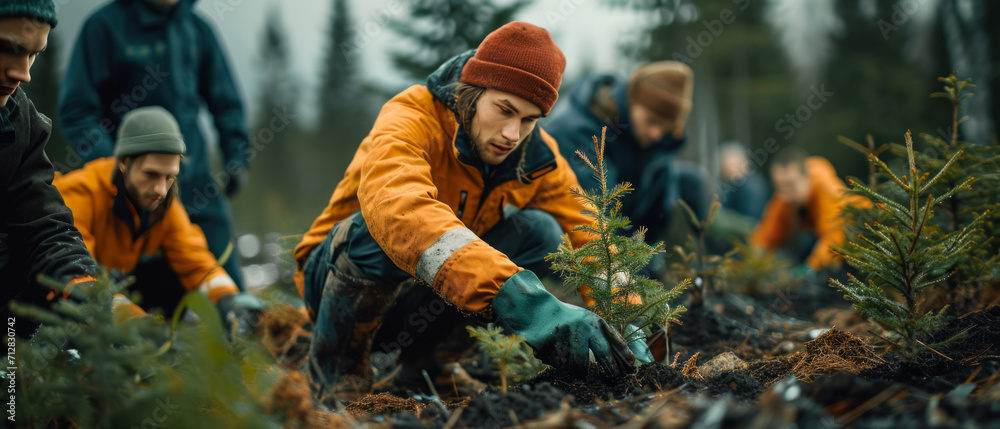 Group of young north european people planting trees. Group of young north european people planting trees.