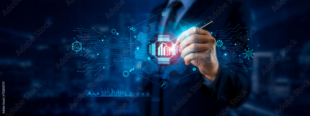 Property Management Concept: Businessman Pointing at Key Icon and Data for Global Real Estate Network on Graphic Interface. Innovate, Manage, Succeed - obrazy, fototapety, plakaty 