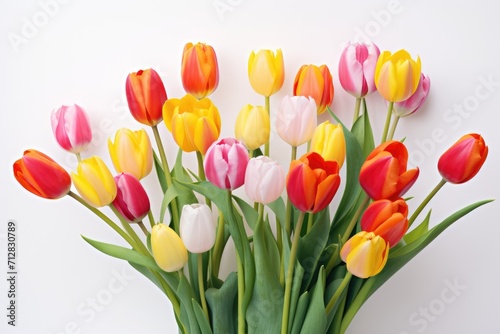A group of multicolored tulips with distinct red, pink, yellow, and white hues on a light background