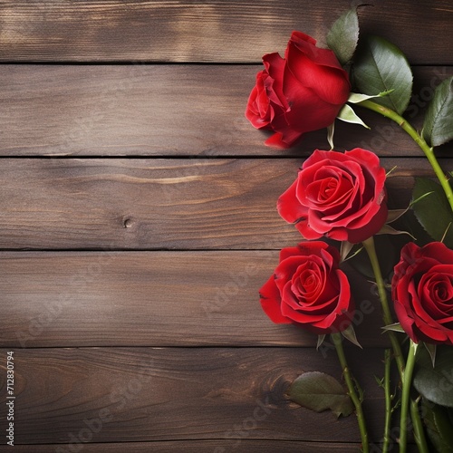 Beautiful Red Rose Flowers Over Rustic Wood Background.