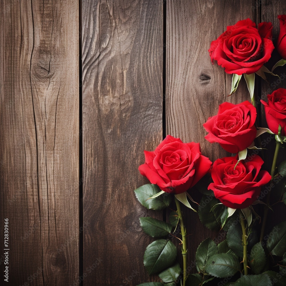 Beautiful Red Rose Flowers Over Rustic Wood Background.