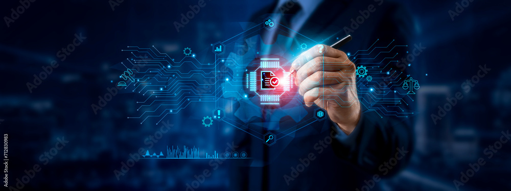 Compliance Concept. Businessman Pointing to Regulatory Icon and Data for Global Compliance Network on Graphic Interface. Standards, Governance. - obrazy, fototapety, plakaty 
